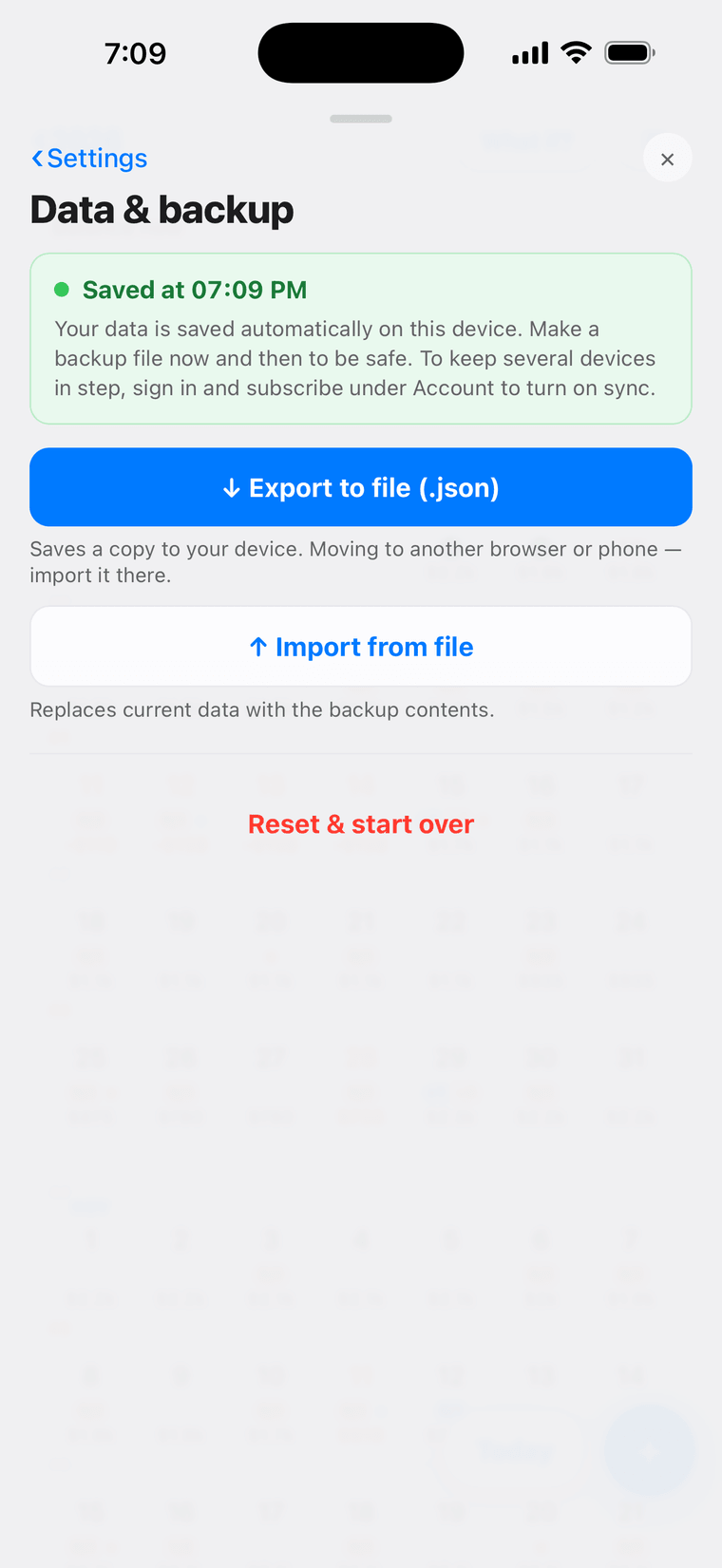 Data & backup: everything local, export and import, no bank login.