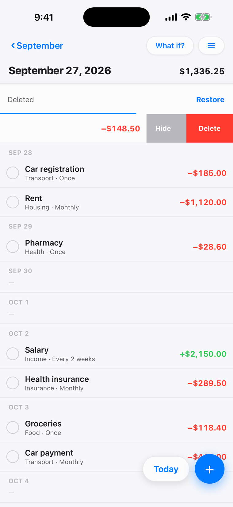 JayCK Flow's day list: September 27 with the balance that day ends on, $1,335.25, then the days after it, each bill on its date with how often it repeats — Rent, monthly, −$1,120.00; Salary, every 2 weeks, +$2,150.00. One row is swiped open to Hide and Delete.
